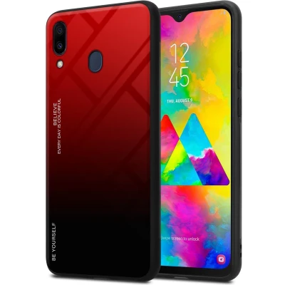 Afbeelding van Cadorabo Hoesje geschikt voor Samsung Galaxy M20 in ROOD ZWART Tweekleurige beschermhoes van TPU silicone Case Cover en achterzijde gehard glas