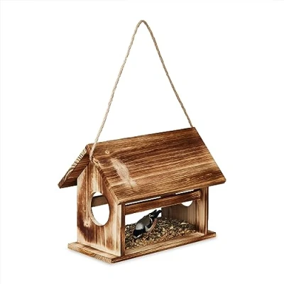 Afbeelding van Relaxdays vogelvoederhuisje hangend hout opklapbaar dak vogelhuisje voederplek