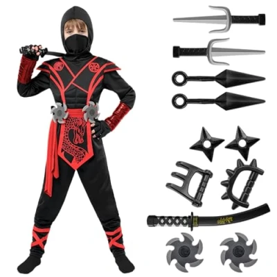 Afbeelding van Spooktacular Creations Ninja Dragon Red kostuum outfit set voor kinderen Halloween verkleedfeest (M (8 10 jaar))
