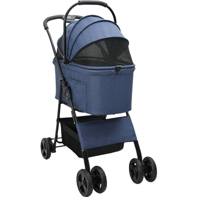 Afbeelding van vidaXL Poussette bleue 4 roues en tissu Oxford imperméable, design pliable (81 x 47 99 cm), pliable, avec frein de sécurité, confortable pour chiens et chats