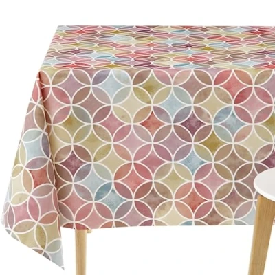 Afbeelding van KP HOME Rechthoekig tafelkleed van pvc, gemakkelijk te reinigen, wasbaar tot 8 zits, vinyl, waterdicht, met naadloze geometrische cirkels, meerkleurig, paars en rood, 250 x 140 cm