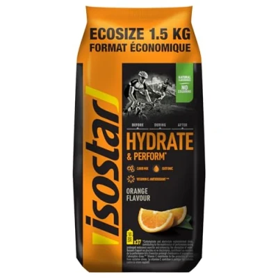 Afbeelding van Isostar Hydrate &amp; Perform sinaasappelsmaak energie isolerend drankpoeder rijk aan vitaminen natuurlijk aroma zonder kleurstoffen 1 verpakking zuinig formaat 1,5 kg