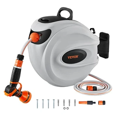 Image de VEVOR Enrouleur Tuyau Arrosage Mural 20 m x 12 mm Support Pivotant 180 Dévidoir de Tuyaux d&#039;Eau Buse à 9 Modèles 3 Adaptateurs Rapides Rembobinage Auto avec Verrou pour Arroser Pelouse Jardin Voiture