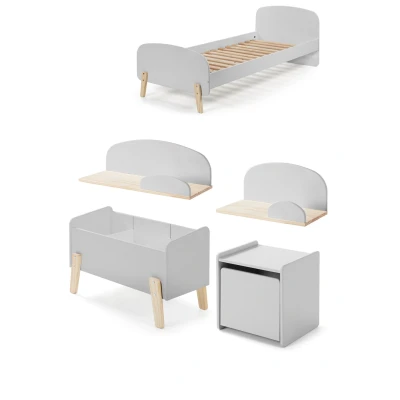 Afbeelding van LUCEVI Kiddy bed + Nachtkastje Hangplankjes Speelkoffer Cool Grey 90x200 cm