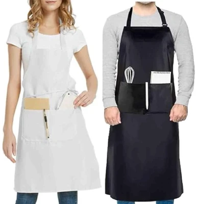 Afbeelding van 4sold Set van 2 keukenschorten 100% katoen, uniseks, verstelbaar, met dikke zakken, voor keuken, restaurant, café, wit/zwart, eenheidsmaat, Wit/Zwart