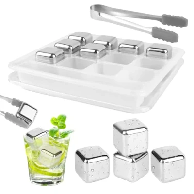Afbeelding van VFANDV Lot de 12 glaçons en acier inoxydable 304 réutilisables + clips, congelés pour vin, vodka, liqueur, jus boisson ou limonade Avec boîte rangement