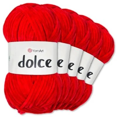 Afbeelding van Frida&#039;s Wollhaus YarnArt Dolce Chenillewol, 5 x 100 g, voor breien en haken, Amigurumi, 52 kleuren, 748 vuurrood