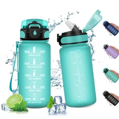 Image de bouteille d&#039;eau 500 ml, avec paille, anti fuite, en plastique réutilisable, de sport indicateur temps motivationnel, d&#039;école, enfants