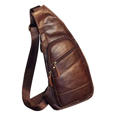 Afbeelding van Leren Sling Crossbody Tas Rugzak voor Mannen Dames Schouder Borst Dagrugzak Reizen Outdoor Wandelen Kamperen Casual Zakje Koffie