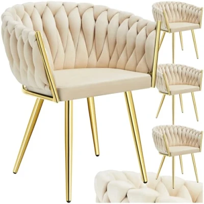 Afbeelding van tectake® Set van 4 Fluwelen eetkamerstoelen Kuipstoel met armleuning in knooplook eetkamerstoel Moderne voor woonkamer en eetkamer Keukenstoel Kaptafelstoel Slaapkamerstoel Diverse kleuren Zandkleurig/Goud