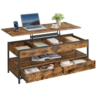 Afbeelding van VASAGLE Opklapbare salontafel, woonkamertafel, met opbergladen, verborgen vakken en open plank, 50 x 120 cm, rustiek bruin inktzwart LCT252K01