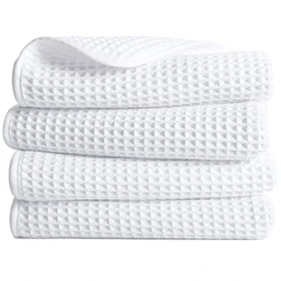 Afbeelding van POLYTE Set van 4 pluisvrije microvezel handdoeken, 40 x 76 cm, wit, wafelweefsel