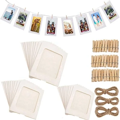 Afbeelding van 30PACK papieren fotolijsten, 10 x 15 cm, fotolijst met houten clips en koord, hangende kartonnen 4 6 fotolijstset voor thuis wanddecoratie (wit)
