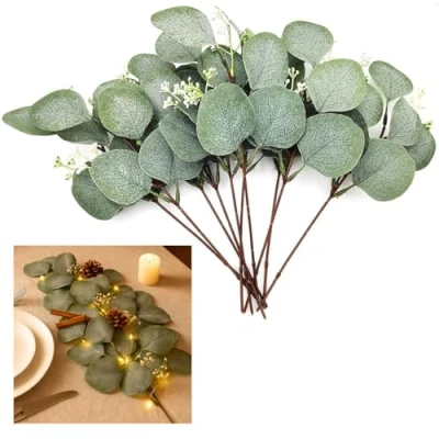 Afbeelding van Eucalyptus bladtak, kunstplanten, kunstbloemen, klimopplanten, kunststof, decoratief, voor binnen, buiten, vaas, decoratie, 12 verpakkingen