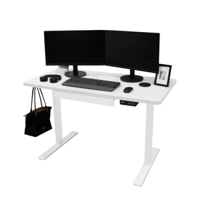 Afbeelding van Elektrisch Staand Bureau 120 x 60 cm Wit in hoogte verstelbaar ergonomisch zit naar stand Computer Werkstation Ingebouwd Lade USB A &amp; C Oplaadkabel Zak Haak Kantoor Tafel Timer Slim Bedieningspaneel