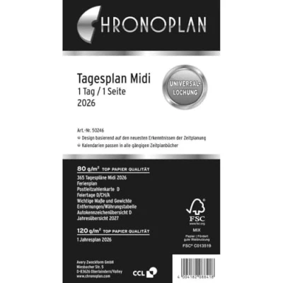 Afbeelding van Chronoplan 50246 calendrier 2026 (plan quotidien Midi (96 x 172 mm), de rechange, pour planificateur quotidien, idéal planification quotidienne détaillée, 1 jour sur page, avec