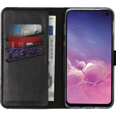 Afbeelding van Selencia Hoesje Geschikt voor Samsung Galaxy S10e Met Pasjeshouder Echt Lederen Bookcase Zwart
