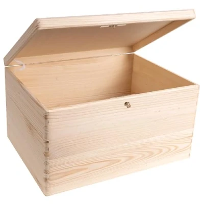 Afbeelding van Creative Deco Grote Houten Doos met Sleutel Opberg Kist 40 x 30 24 cm (+/ 1cm) Deksel Perfect voor Documenten, Voorwerpen, Speelgoed, Gereedschap RUW EN ONVERZEGELD