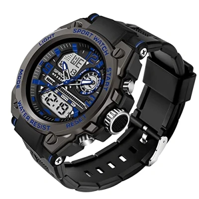 Afbeelding van AIMES Herenhorloge, waterdicht, outdoor, sport, militair, digitaal, analoog, datum, multifunctioneel, led, grote wijzerplaat, alarm en stopwatch, voor heren, Blauw/Zwart, Riem