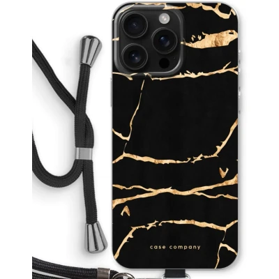 Afbeelding van Case Company® hoesje met Koord geschikt voor iPhone 16 Pro Max Gouden marmer Telefoonhoesje Zwart Bescherming aan alle Kanten en Over de Schermrand