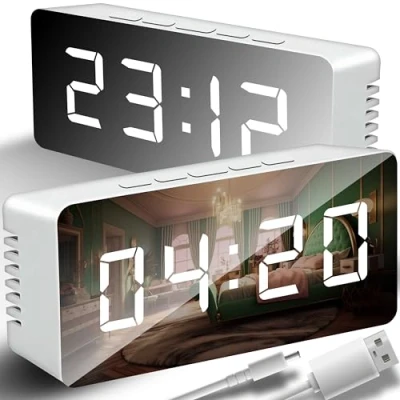 Afbeelding van Retoo Draagbare led digitale wekker met spiegel en instelbare helderheid, reiswekker dubbel alarm, temperatuurweergave, tafelklok oplaadbaar via USB