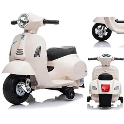 Afbeelding van Vespa Elektrische motorfiets voor kinderen met claxon, gaspedaal, verlichting, zijwielen (wit)