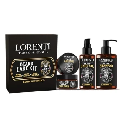 Afbeelding van LORENTI TOKYO &amp; SEOUL Argan Barber Baardverzorging en stylingset, baardverzorgingsset met baardolie, baardshampoo baardbalsem, cadeau idee voor mannen, verzorgingsset