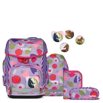 Afbeelding van ergobag Cubo Schoolrugzakset, ergonomisch, klassiek, 5 delig, 1e klasse, voor meisjes en jongens, Bloemenbeer Paars, Formeel