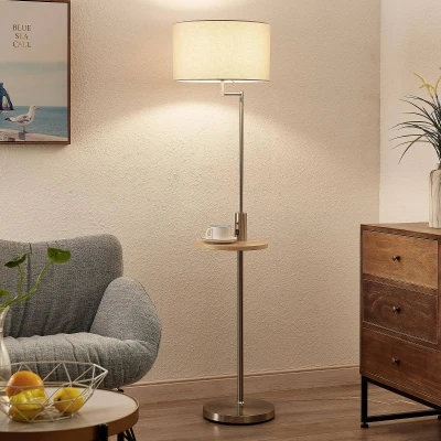 Afbeelding van Lindby vloerlamp Zinia, nikkelkleurig, plank, USB aansluiting
