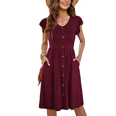 Afbeelding van MOLERANI Zomerjurk voor dames, casual, ruches, V hals, elastische taille, middellange jurk met zakken, maat S 2XL, Wijn rood
