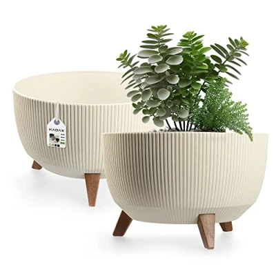Afbeelding van KADAX Ronde bloempot van kunststof met drie steekhouders, voor balkon, woonkamer (Ø 40 cm, crème)