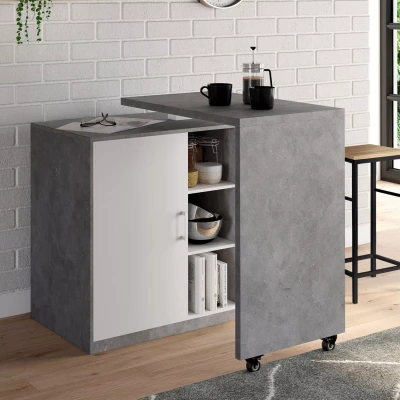Image de Ilot rotatif POLO meuble de bar pivotant 2 en 1 imitation béton porte blanche