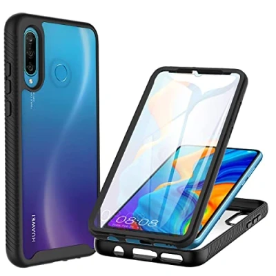 Afbeelding van CENHUFO Beschermhoes voor Huawei P30 Lite, 360 graden schokbestendig, met geïntegreerde displaybescherming, rugged, dubbelzijdig, transparante bumper Lite/New Edition, zwart