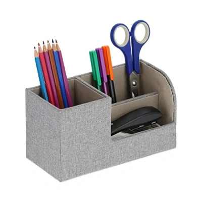 Afbeelding van Relaxdays pennenbak linnen look bureau organizer 3 vakken pennen grijs