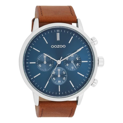 Afbeelding van OOZOO Timepieces Zilverkleurige horloge met bruine leren band C11200