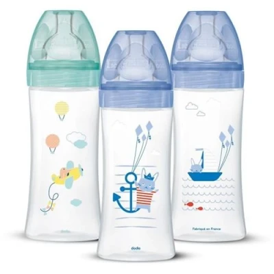 Image de DODIE Lot de 3 Biberons Anti Colique Sensation+ 330ml +6 Mois, Tétine Plate, Débit Bleu Mer et Vert Air