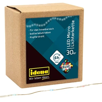 Afbeelding van Idena 31096 Lichtsnoer met 30 leds, meerkleurig, 6 uur timerfunctie, werkt op batterijen, ca. 3,2 m lang, interieurdecoratie, doe het zelf, decoratie