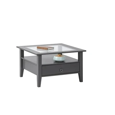 Afbeelding van Inter Link Salontafel met 1 lade, minimalistisch, massief hout en veilig glas, grijs