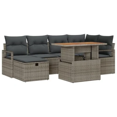Afbeelding van vidaXL 7 delige Tuin Sofa Set met Kussens Grijs Poly Rattan, 2 zitter Opbergruimte &amp; Rattan