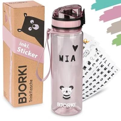 Afbeelding van BJORKI® Lekvrije drinkfles voor kinderen, 500 ml, met naamplaatje, ideaal school, kleuterschool en sport, geschikt koolzuurhoudende dranken, robuust actieve kinderen