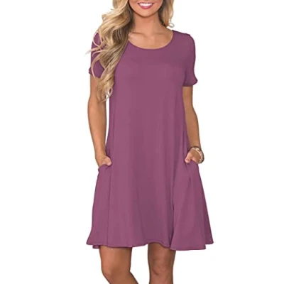 Afbeelding van AUSELILY Zomerjurk met korte mouwen en zakken voor dames, Mauve