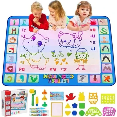 Afbeelding van CGBOOM Children&#039;s Drawing Mat, Doodle Mat 100*80cm, No Waste Paint Board met 4 aquarelstiften en kleurrijk tekenboek, educatief speelgoed geschenken voor jongens meisjes 3 jaar ouder