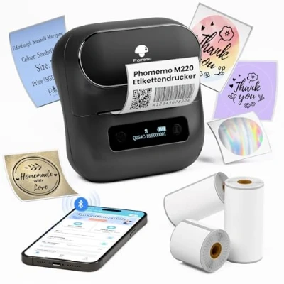 Afbeelding van Phomemo M220 labelprinter, thermische bluetooth, adreslabels voor barcode, thuis en kantoor, schoolatikettering, Android iOS