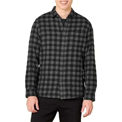 Image de Amazon Essentials Chemise En Flanelle À Carreaux Manches Longues Et Coupe Ajustée (Couleurs Édition Limitée) Men&#039;s, Noir Charbon Lainés, S