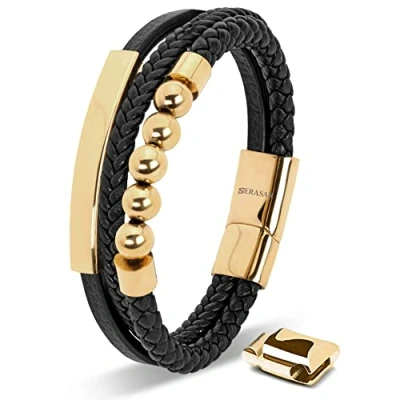 Afbeelding van SERASAR Jongensarmband van Echt Leer [Pearl] Goud 17cm Tienersieraden met Doos