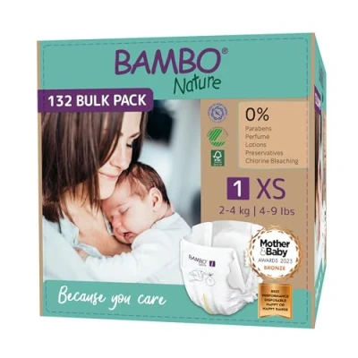 Afbeelding van BAMBO Nature Luiers Maat 1 (2 4 kg) 132 stuks Maandbox 0% onnodige toevoegingen Ideaal voor de gevoelige huid Nordic Swan Ecolabel
