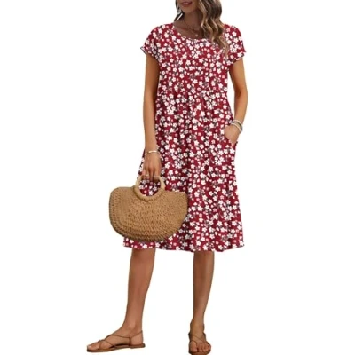 Afbeelding van AUSELILY Dames zomerjurk met korte mouwen en ronde hals zakken, Olijfgroen blad, XL