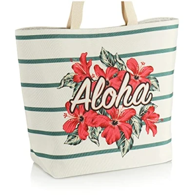 Afbeelding van com four® Grote strandtas zwembadtas voor strandbenodigdheden shopper dames schoudertas strand, zwembad, vakantie, Groen &quot;Aloha&quot;