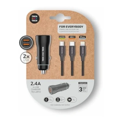 Afbeelding van Universele USB Autolader + Kabel Tech One Dubbel x 2 1,2 m