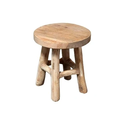 Afbeelding van Spetebo Ronde teakkruk met 4 poten, echt hout, decoratie voor planten en bloemen, 17 x 15 cm, naturel/klein